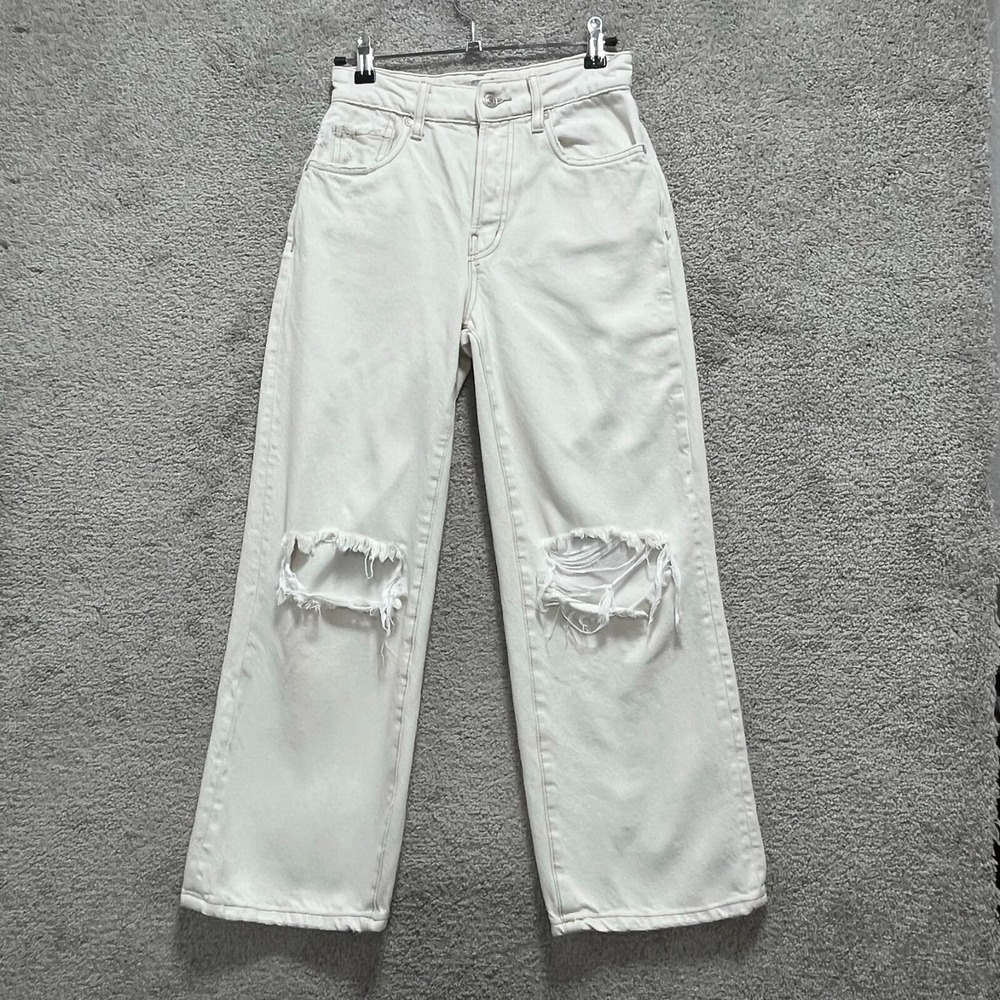 We The Free Jeans Womens 24 Beige Distress High Rise Wide Leg Cropped Button Fly